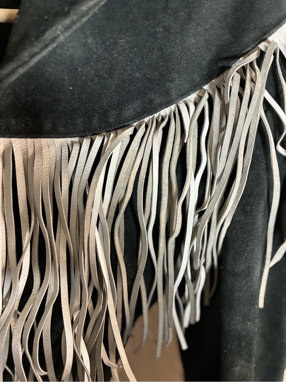 Fringed Suede Leather Jacket in Dark Gray with White Fringe - Picture 10 of 16